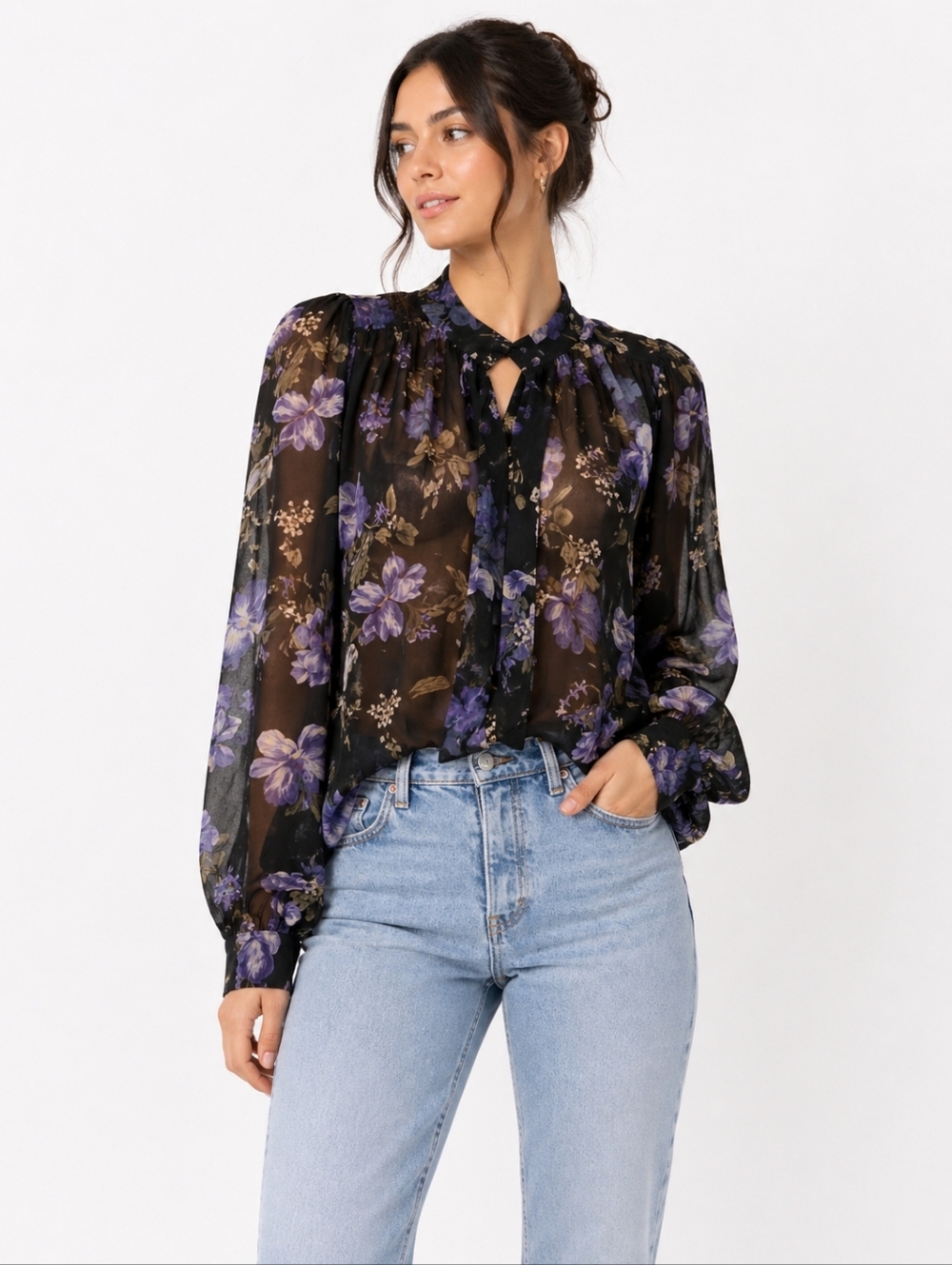 Rachel Zoe Black Sheer Floral Tie-Neck Blouse with Blue Flowers
